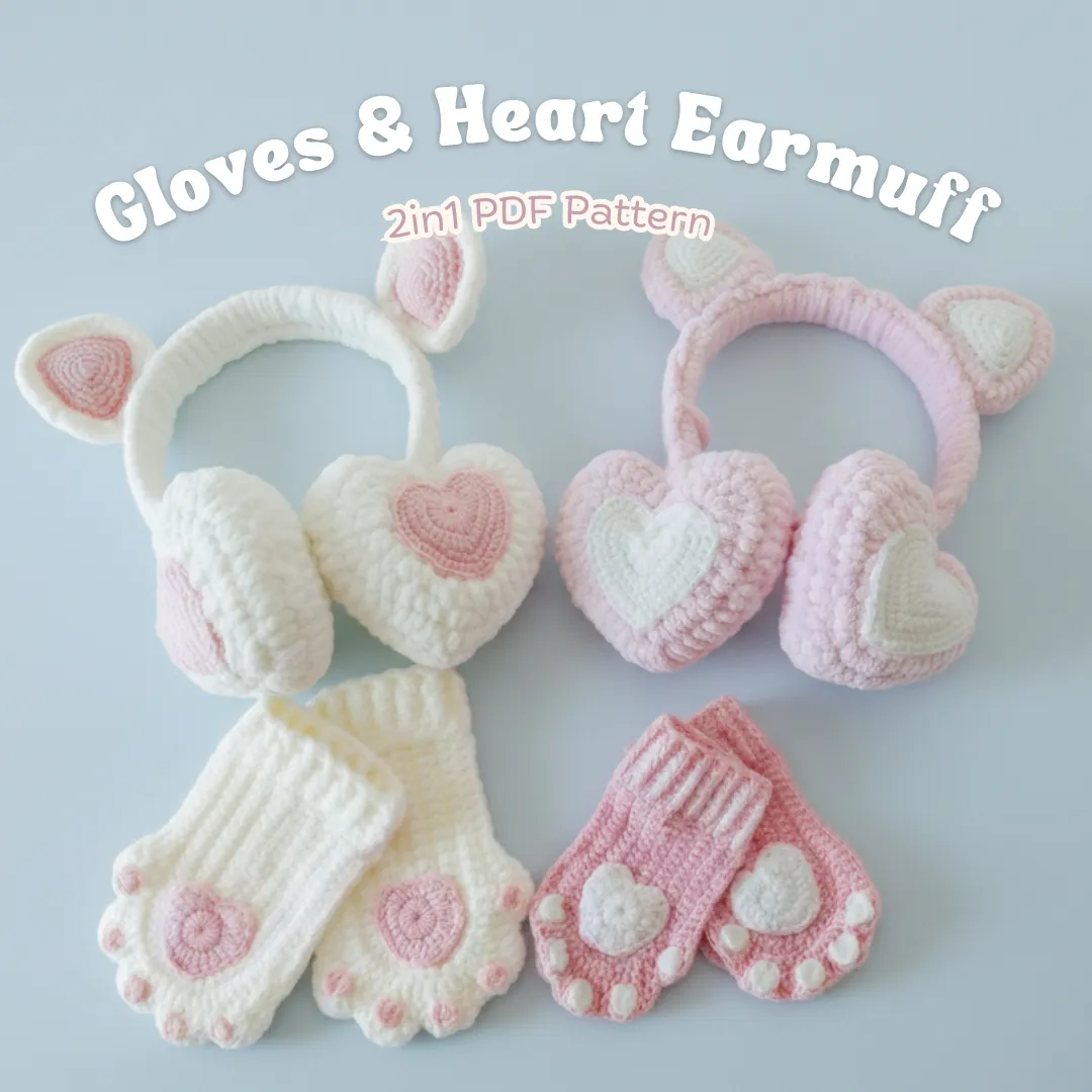 Cat Paw Gloves & Heart Earmuffs Crochet Pattern
